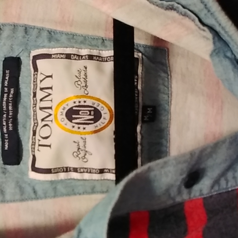 Mens Tommy Hilfiger short sleeved Polo shirt, size Medium, red and navy stripes - Picture 2 of 3